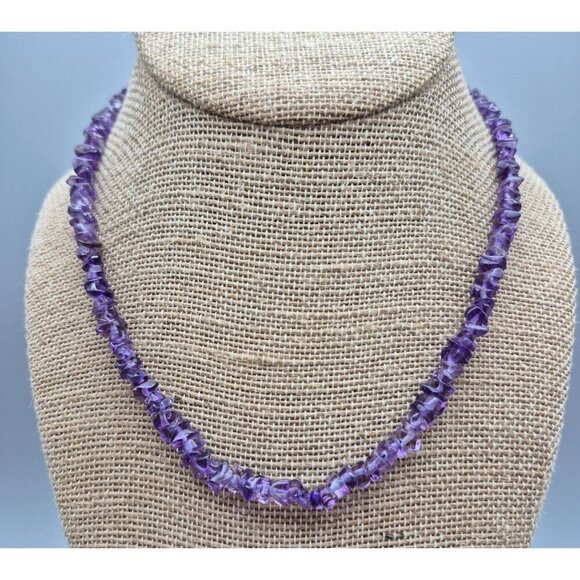 Pretty Boho Natural Polished Amethyst Chip Stone Purple Collar Necklace 17" - Picture 2 of 5